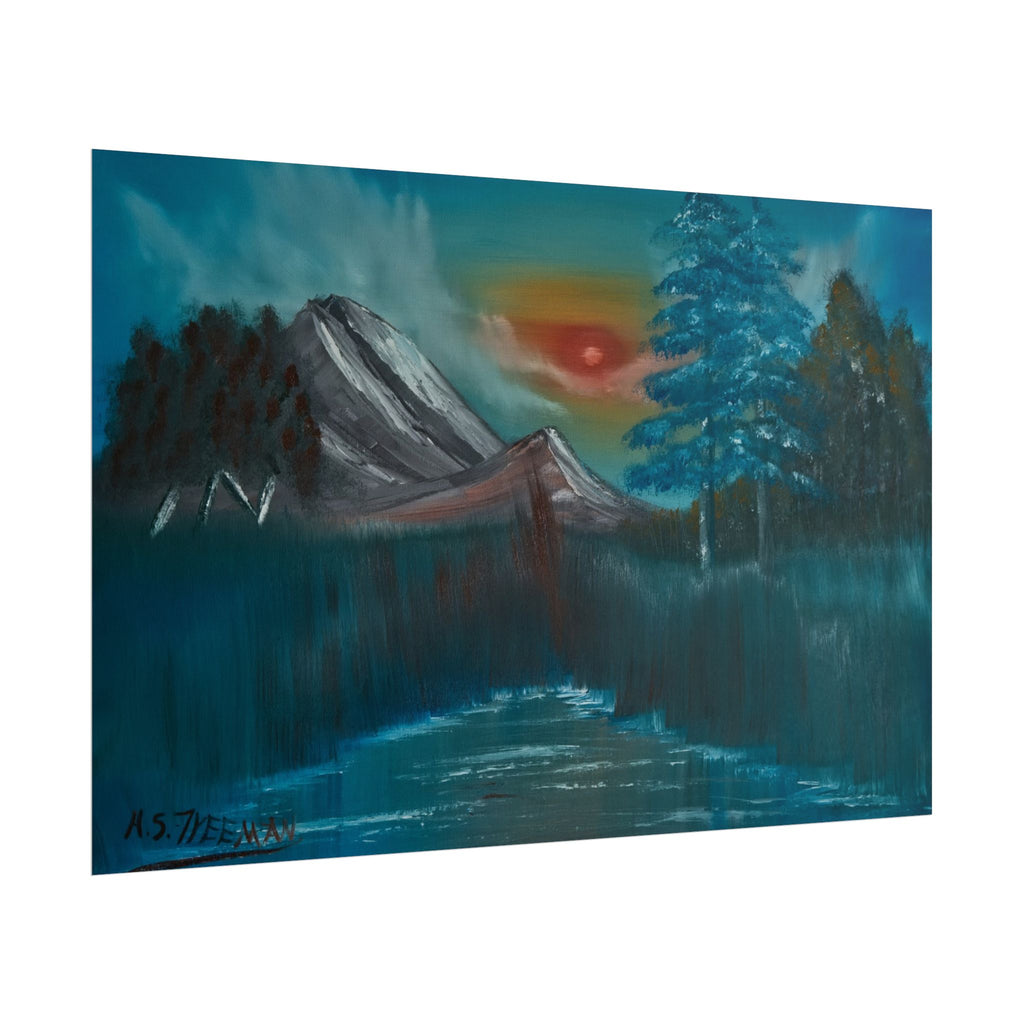 Mountain Sunset Art Poster - Tranquil Forest Lake Landscape Print