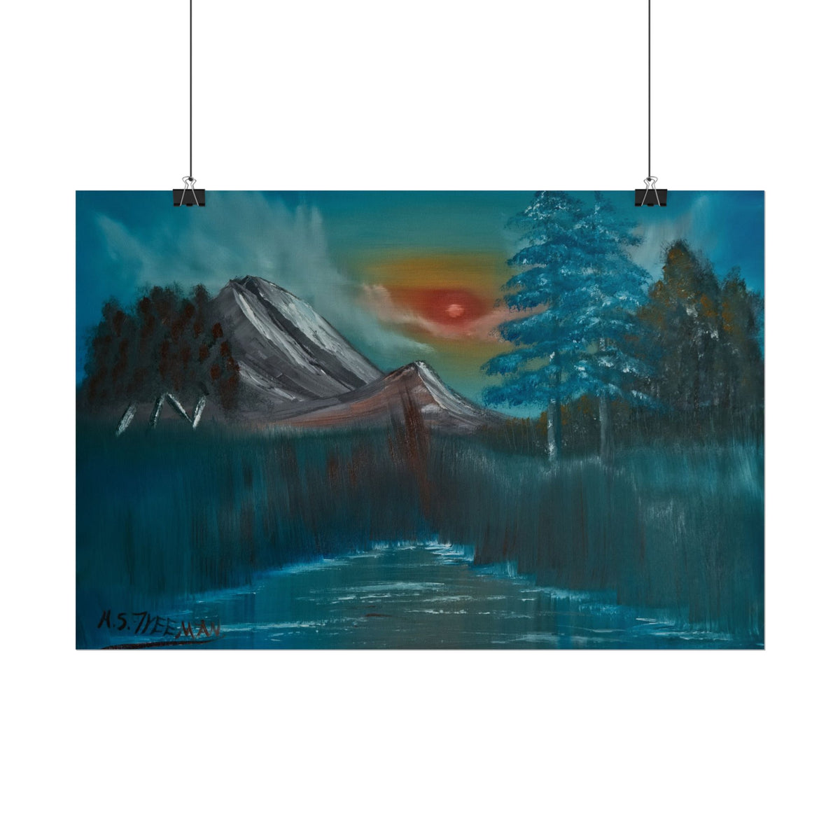 Mountain Sunset Art Poster - Tranquil Forest Lake Landscape Print