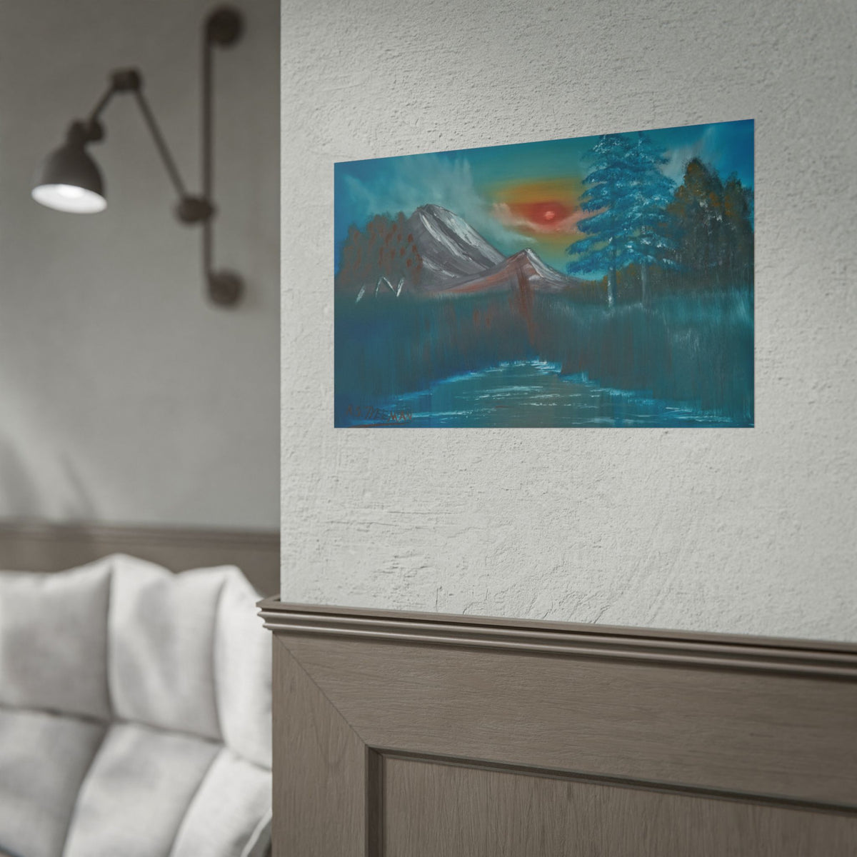 Mountain Sunset Art Poster - Tranquil Forest Lake Landscape Print
