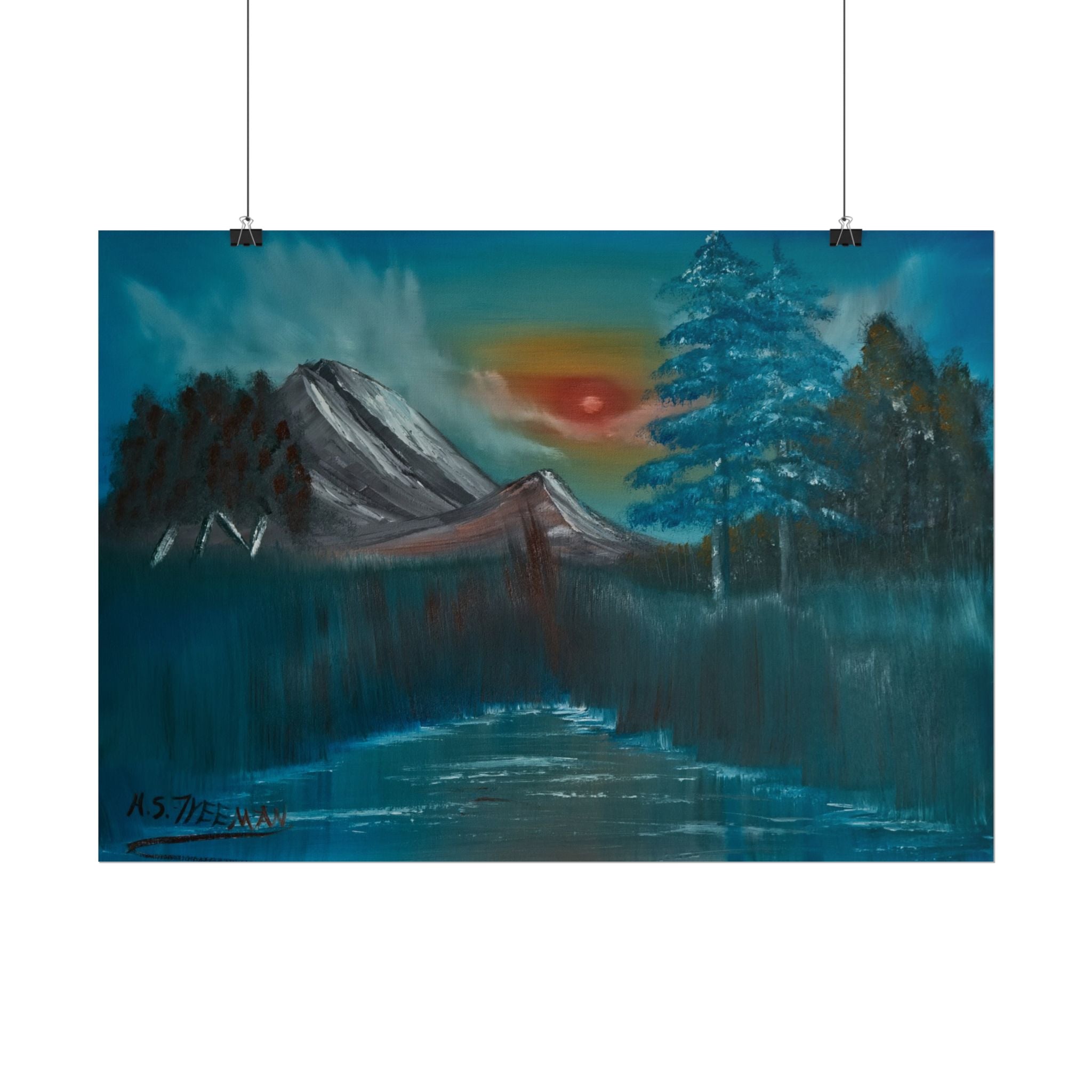 Mountain Sunset Art Poster - Tranquil Forest Lake Landscape Print