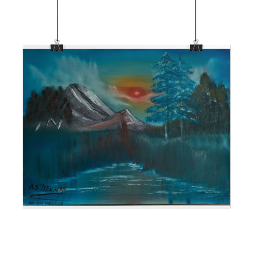 Mountain Sunset Art Poster - Tranquil Forest Lake Landscape Print
