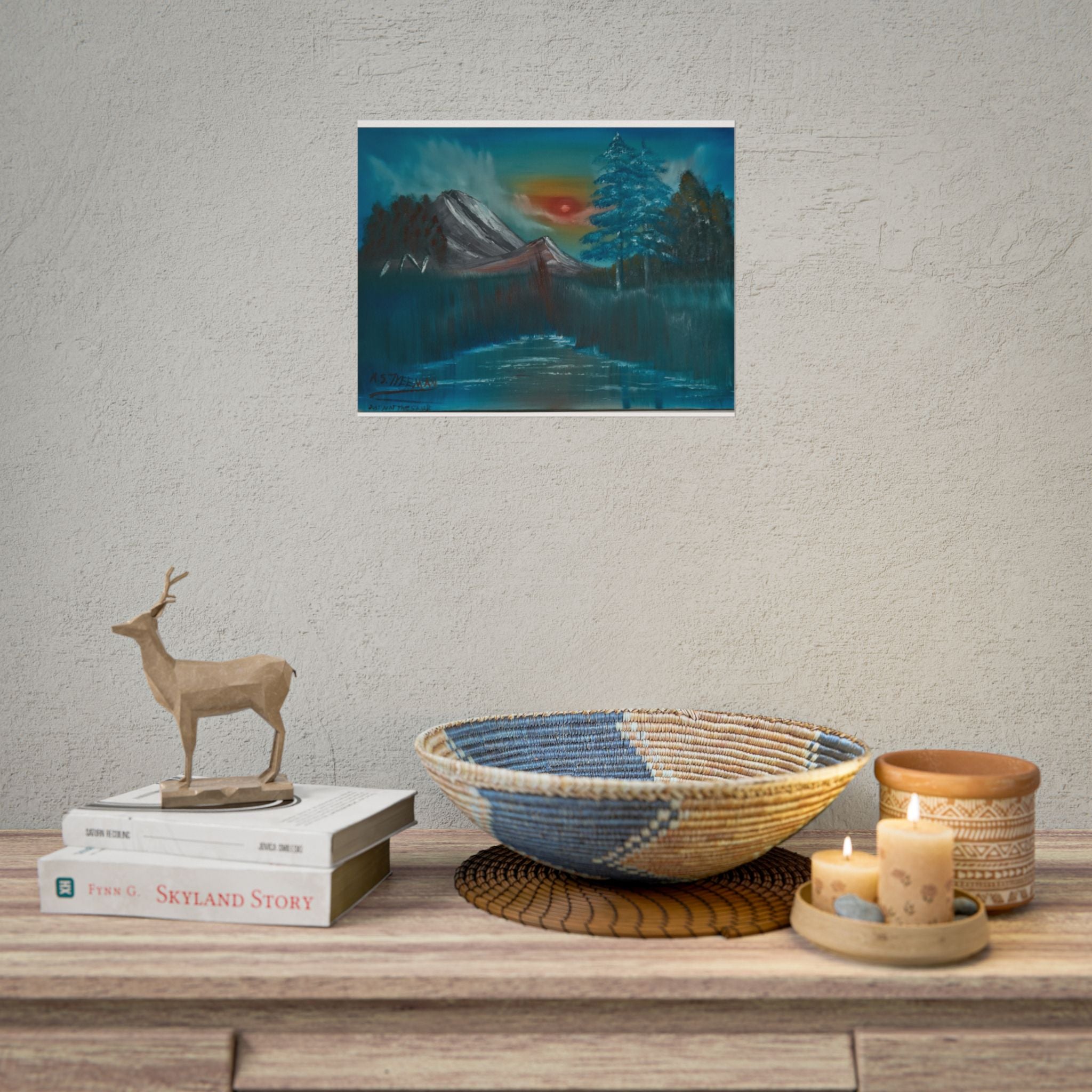 Mountain Sunset Art Poster - Tranquil Forest Lake Landscape Print