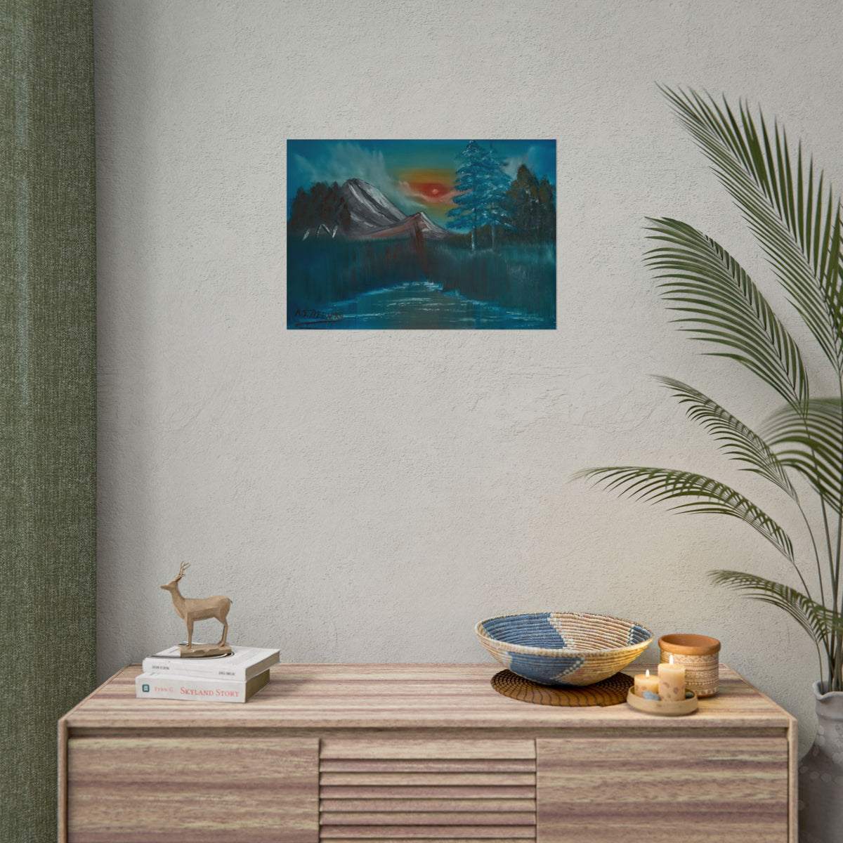 Mountain Sunset Art Poster - Tranquil Forest Lake Landscape Print