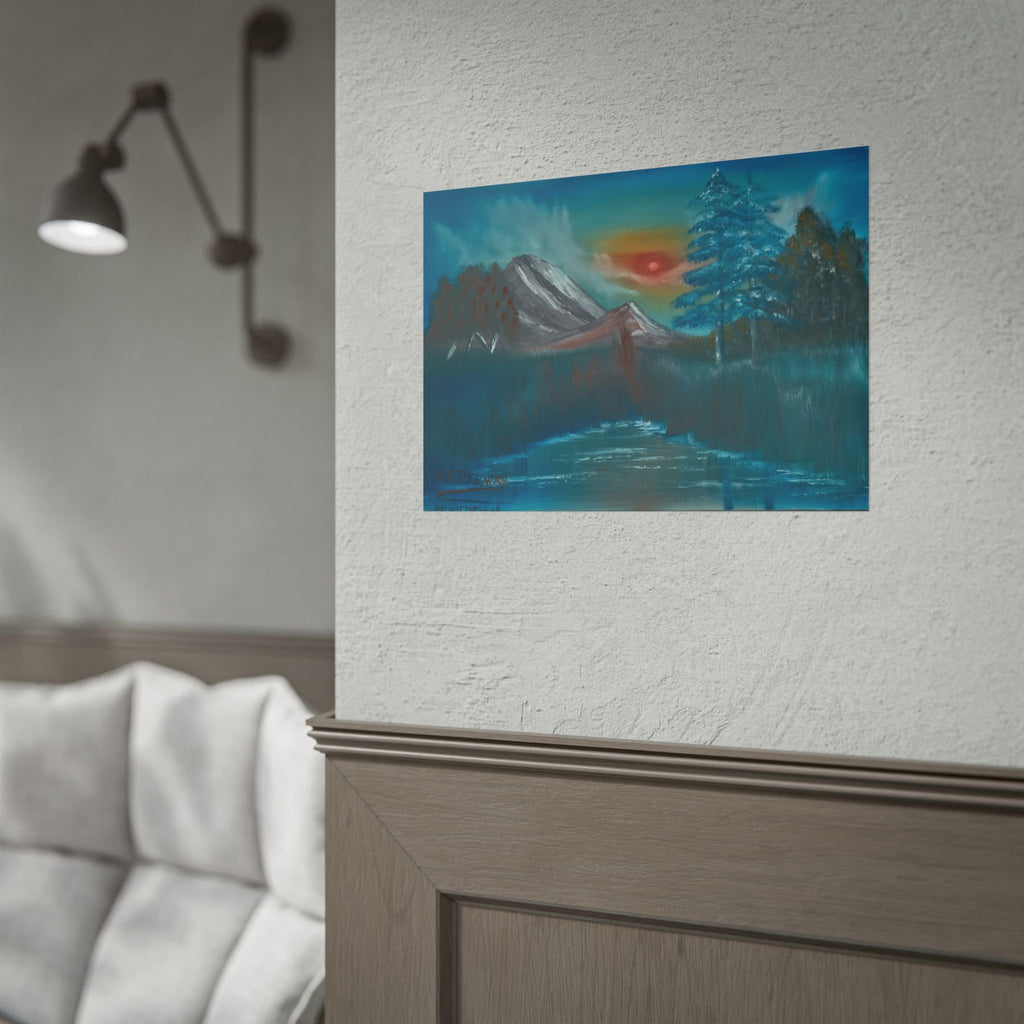 Mountain Sunset Art Poster - Tranquil Forest Lake Landscape Print