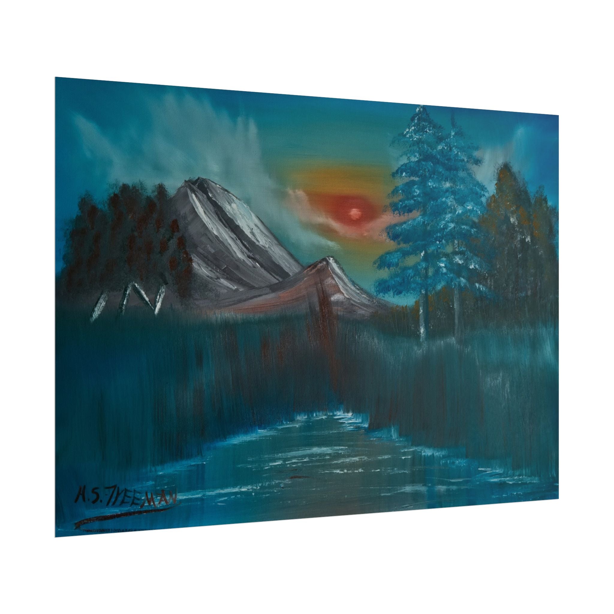 Mountain Sunset Art Poster - Tranquil Forest Lake Landscape Print