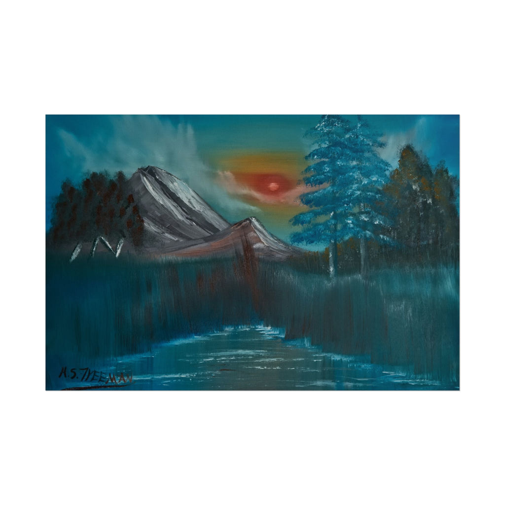 Mountain Sunset Art Poster - Tranquil Forest Lake Landscape Print